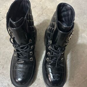 Chanel Shiny Quilted Lace Up Boots 38 black
